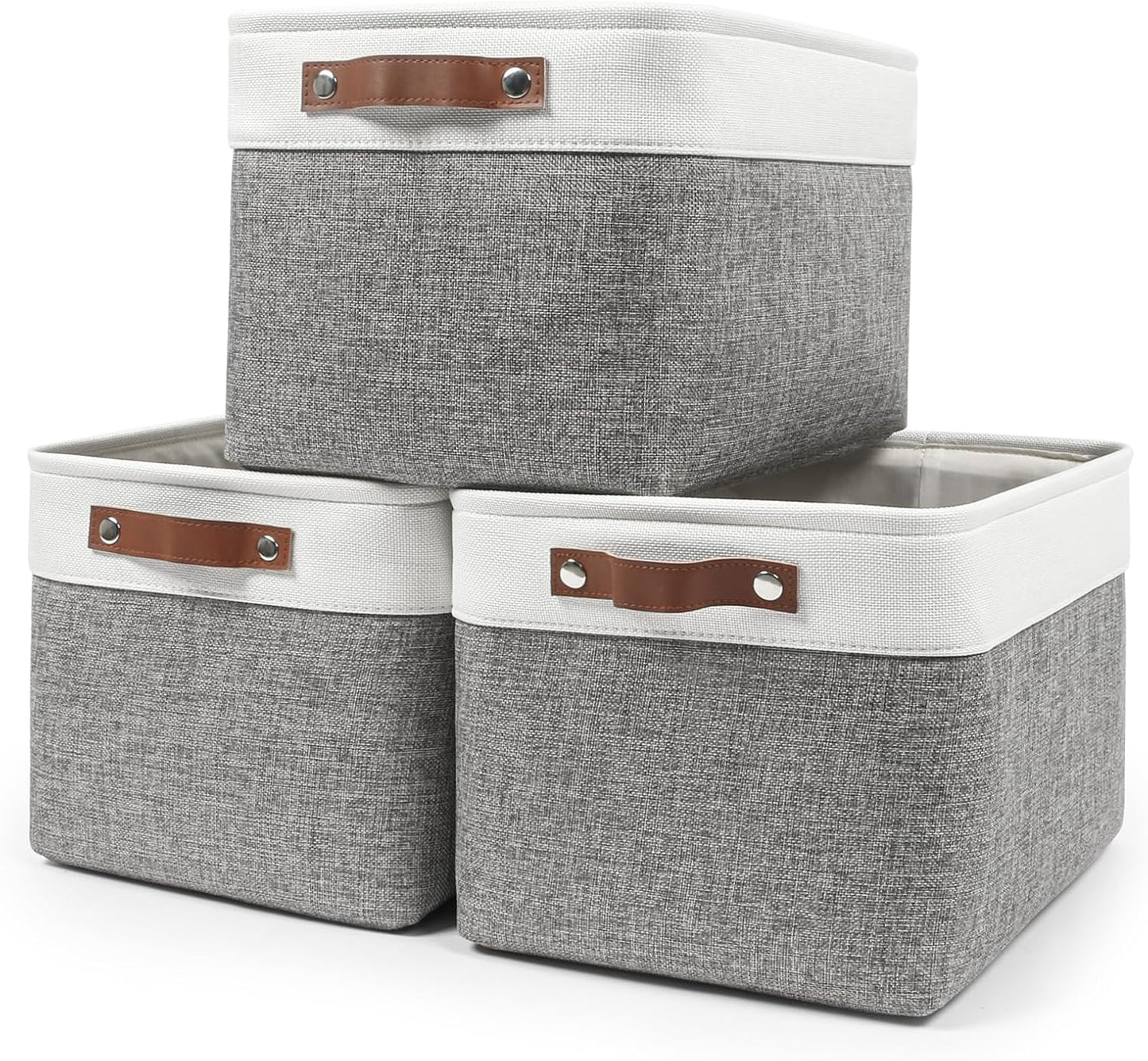 Storage Bins Large Fabric Storage Baskets for Shelves 3 Pack, Decorative Linen Closet Baskets with Handles for Organizing, Shelf, Clothes, Home, Office, 15x11x9.5Inches (Grey&White)