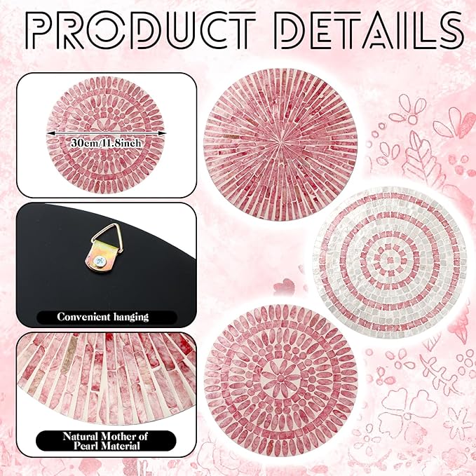 Tioncy 3 Pcs 11.8 Inches Modern Pink Mother of Pearl Shell Plate Preppy Coastal Pink Wall Art Mosaic Wall Sculpture Shell Handmade Hanging Plates Arts for Bedroom Bathroom Home Office Hotel