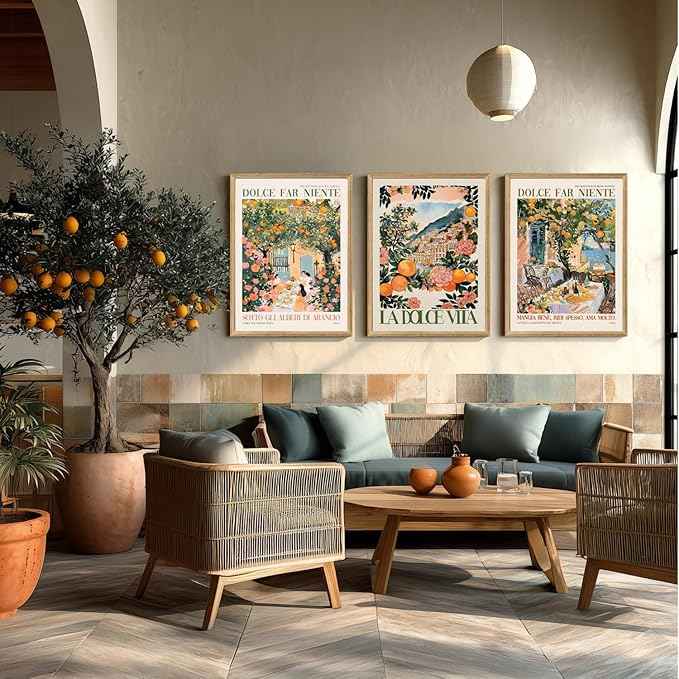 Cyebmo Italy Travel Wall Art set of 3, Trendy Amalfi Coast Wall Decor, Italian Food Canvas Painting, Vintage Italian City Poster Prints for Bedroom Dining Room Living Room Wood Framed 12"x16"x3