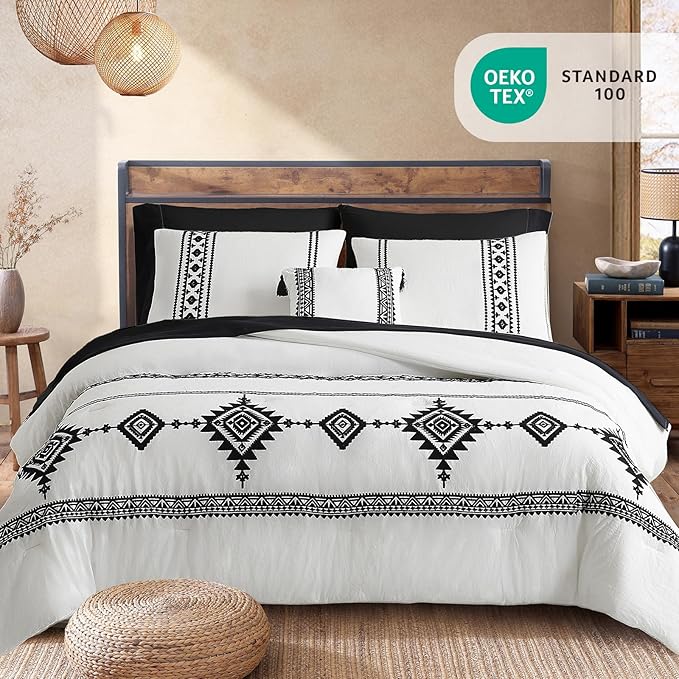 MaiRêve Embroidery Comforter Set, Boho Farmhouse Western Bedding Set, All Season Bed in A Bag Comforter Set with Sheets, Pillowcases & Shams, White California King 7 Pieces