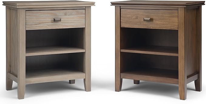 SIMPLIHOME Artisan Bedside Table - 24 inch Wide Solid Wood Nightstand Table in Rustic Natural Aged Brown, Contemporary Bedroom Side or End Table with 1 Drawer, Open Shelf Storage and Bronze Knobs