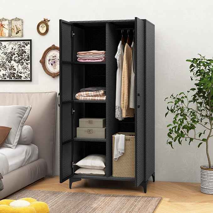 Giantex Wicker Storage Cabinet, 62” Tall Pantry Cabinet with 2 Doors, Hanging Rod, 4 Storage Cubes, Metal Legs, Anti-Tipping Device, PE Rattan Storage Cabinet for Home Office, Garage Cabinets (Black)