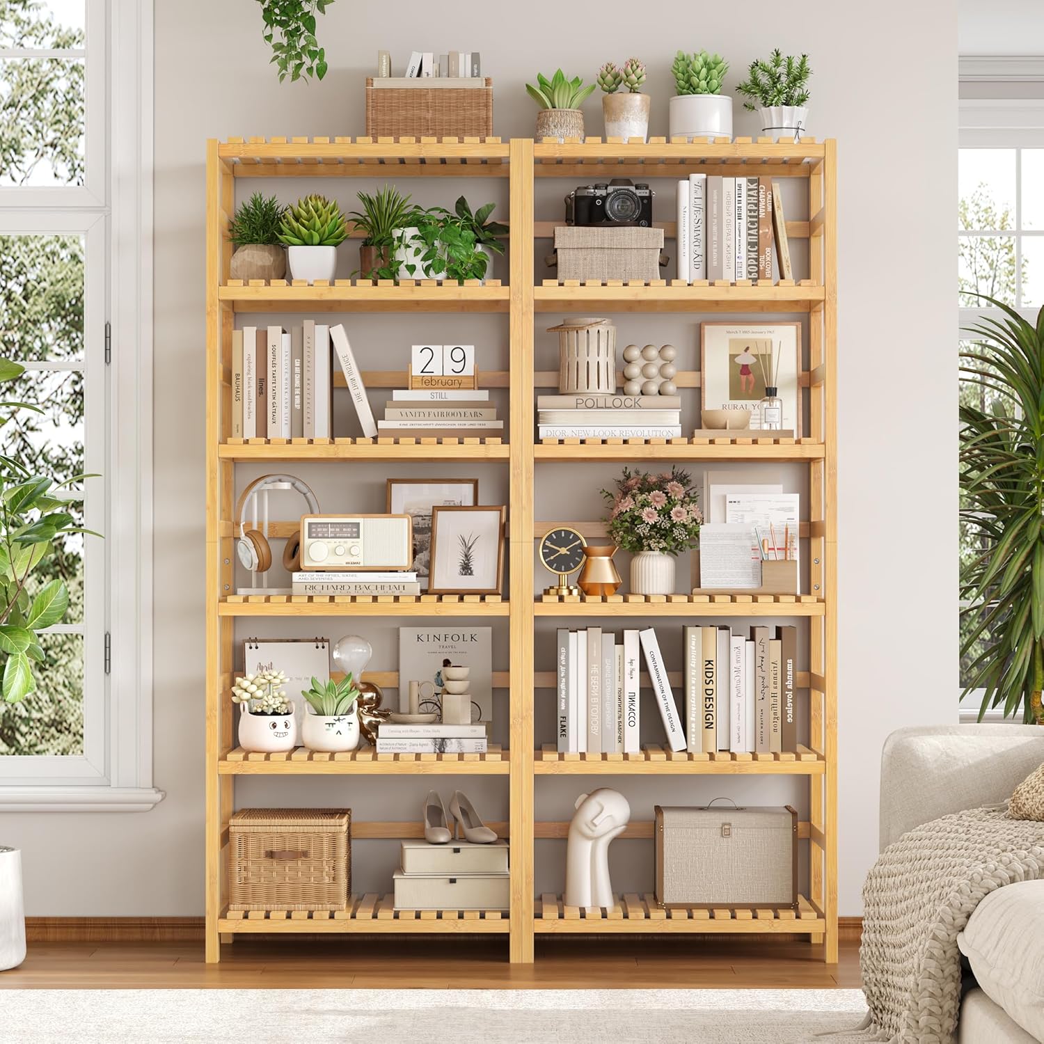 FOTOSOK 6-Tier Bamboo Shelf, Bamboo Bookcase with Adjustable Shelves, Free Standing Storage Shelf Unit, Plant Flower Stand for Kitchen, Bathroom, Home Office, Natural - Décor Diaries