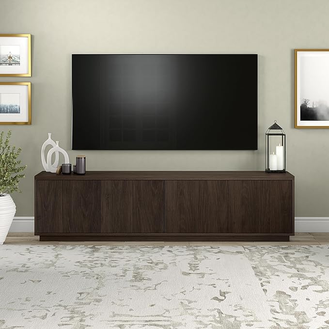 Henn&Hart Fluted TV Stand for TVs up to 85" with 2 Concealed Ribbed Storage Cabinets and Adjustable Shelves for Living Room, Family Room, or Office, Warm Brown