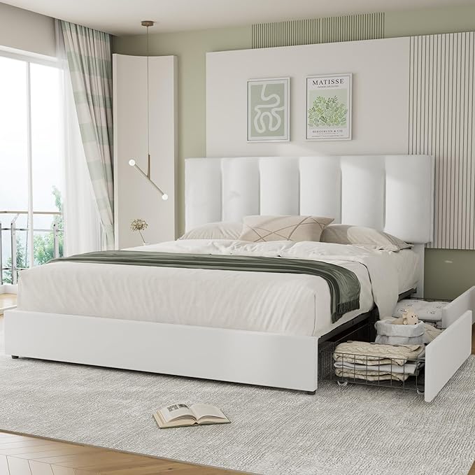 VECELO King Size Bed Frame with 4 Storage Drawers, Adjustable Height Headboard, Heavy-Duty Bedframe with Strong Wooden Slats, No Box Spring Needed, Pure White