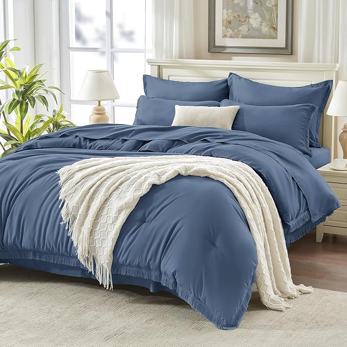Andency Queen Comforter Set with Sheets Bluish Grey - 7 Pieces Boho Tassel Bed in a Bag Soft Lightweight Bedding Sets, Fringe Bed Set with Comforter, Sheets, Pillowcases & Shams