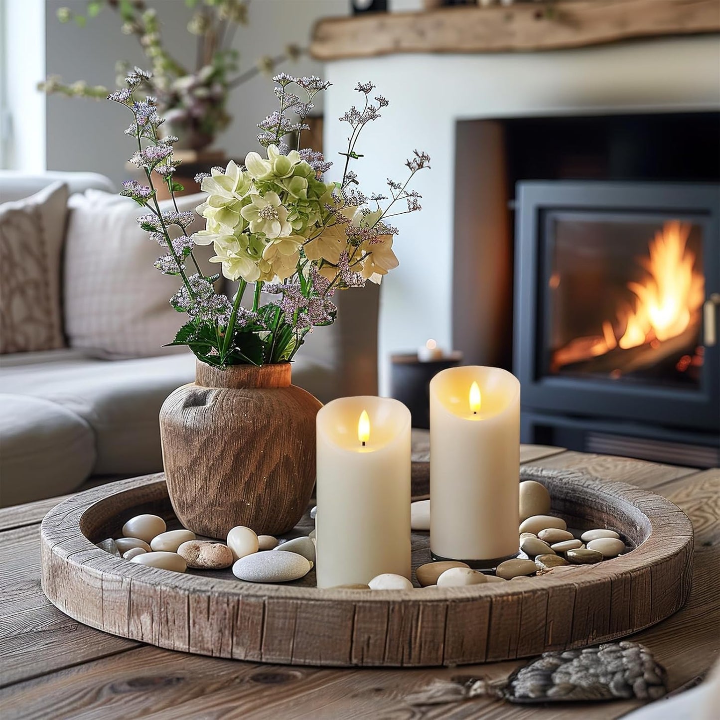 5plots 6" x 3" Flickering Flameless Candles - Battery Operated Wax LED Candles - Amber Yellow Light with Remote and Timers Set of 2, Ivory, for Home Decor, Candle Sconces