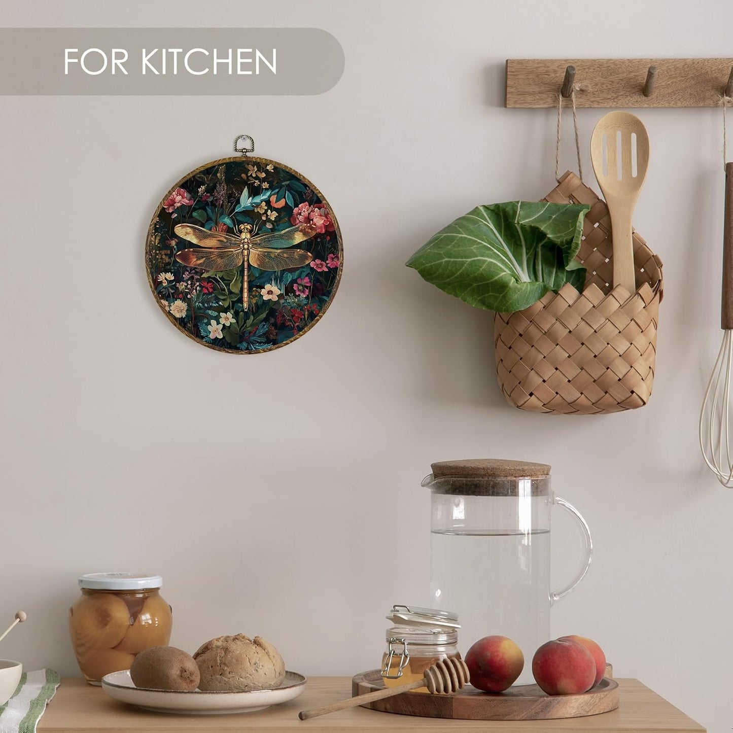 Fewgb Vintage Dragonfly Round Wall Art Decor Framed for Gallery Bedroom Living Room Kitchen Bathroom, Dark Black Floral Canvas Wall Art Prints Picture, Flower Hanging Room Decor Artwork 10x10