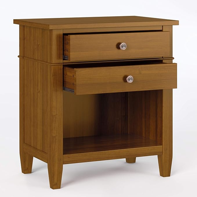 SIMPLIHOME Carlton Bedside Table - 24 inch Wide Solid Wood Nightstand Table in Light Golden Brown, Transitional Bedroom Side or End Table with 2 Drawers, Open Storage Shelf and Bronze Hardware