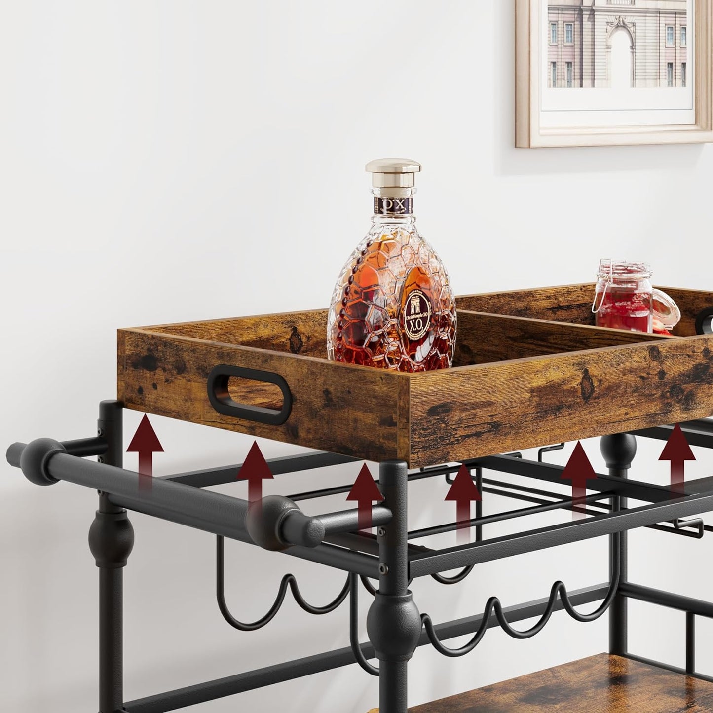 Bar Cart, Bar Carts for The Home, 3 Tier Serving Cart with Wheels, Home Bar & Serving Carts, Metal Rolling Cart with Wine Rack & Removable Tray for Kitchen, Dining Room, Living Room-Retro Brown