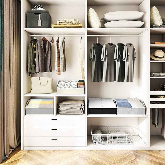 Closet Organizers Bins 6 Packs - Large Closet Shelf Organizer with Handles, Fabric Trapezoid Storage Bins, Collapsible Storage Cubes for Clothes, Towels, Light Gray