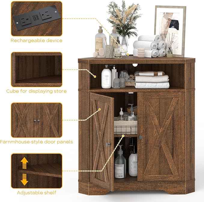 Vabches Corner Storage Cabinet, Small Corner Cabinet with USB Ports and Outlets Organizer, Barn Door Design and Adjustable Shelf, Living Room, Kitchen, Bathroom.Red-Brown