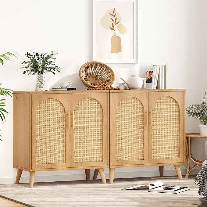 Rovaurx Set of 2 Rattan Storage Cabinet with Doors, Accent Bathroom Floor Cabinet, Modern Sideboard Buffet for Living Room, Entryway, Dining Room and Kitchen, Natural BMGZ108M02 | Set of 2, with Doors