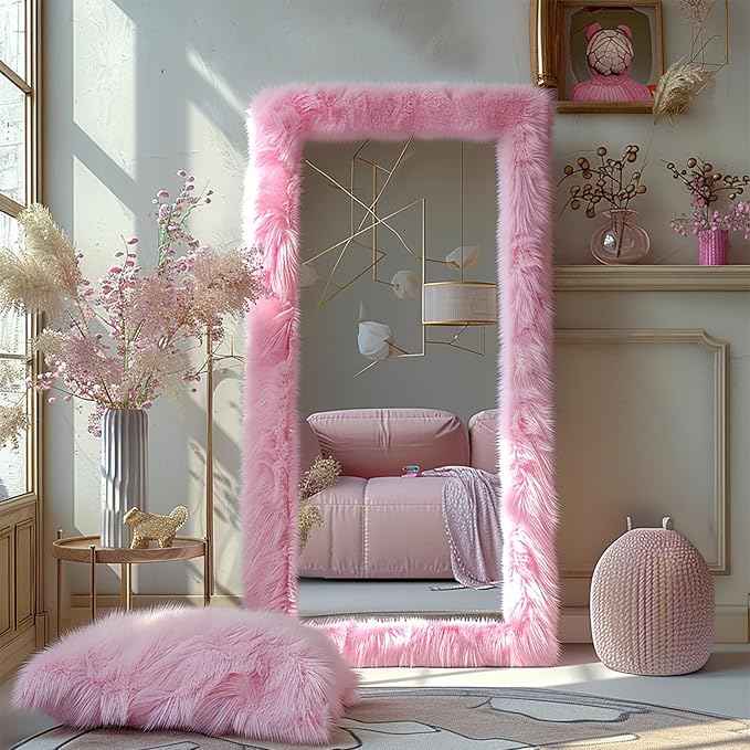 Full Length Mirror Free Standing Furry Faux Fur Framed Full Body Floor Mirror Wall Mounted Leaning Hanging Wall for Bedroom Hallway Entrance, 63"x24", Pink