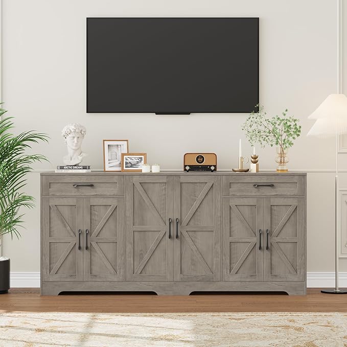 71” Large Sideboard Buffet Cabinet with Storage, Farmhouse Kitchen Buffet Cabinet with Adjustable Shelves and 6 Barn Doors, Wood Coffee Wine Bar Console Table, White, Ash Grey (Ash Grey)