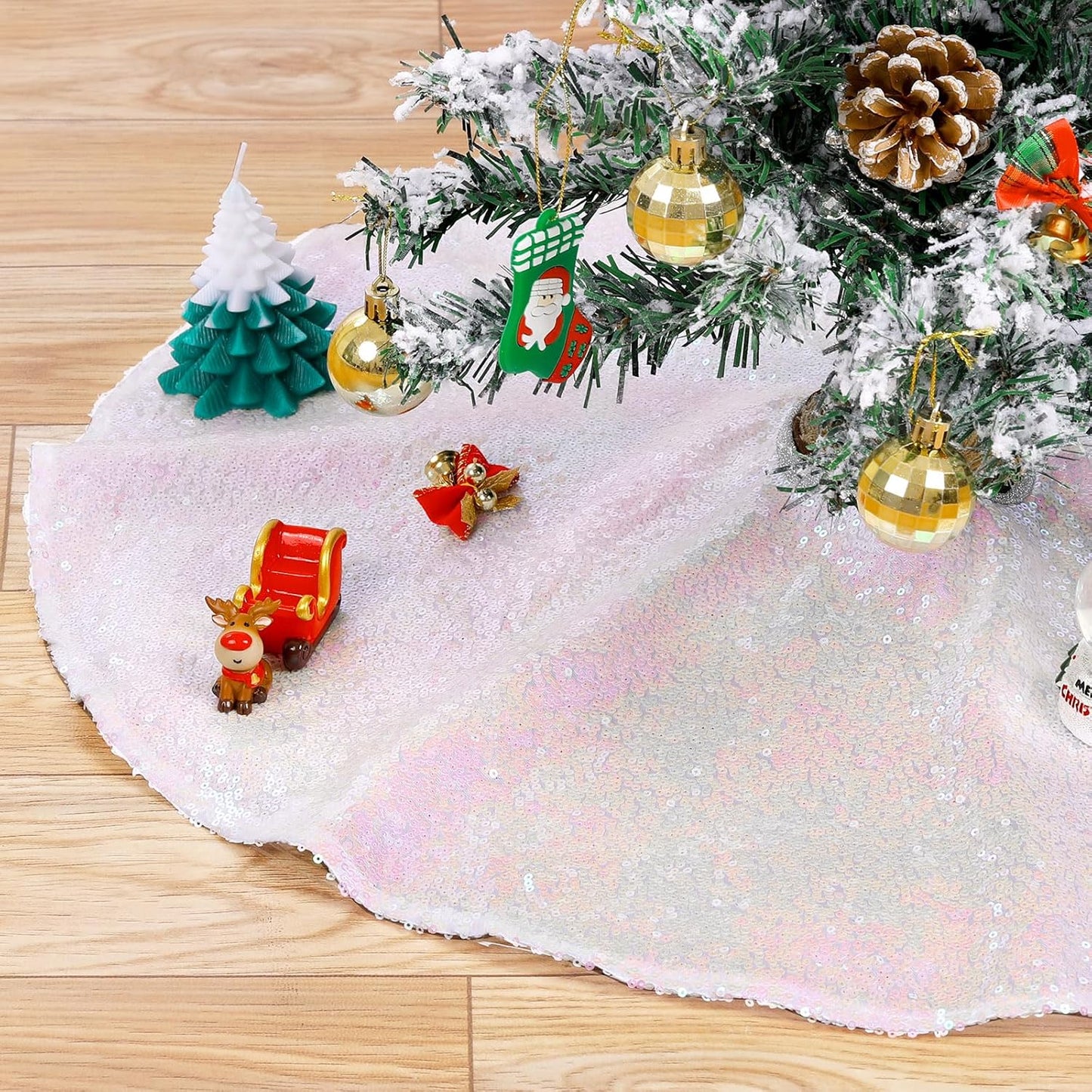 Large Christmas Tree Skirt 48 inches Sequin Tree Skirt Glitter Xmas Holiday Decoration Iridescent White