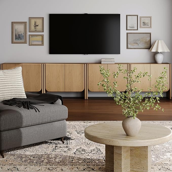 Nathan James Jacala Mid Century Modern Media Console Cabinet or TV Stand, Entryway Storage Cabinet with Doors or Credenza with Wood Frame, Raw Oak, Set of 4