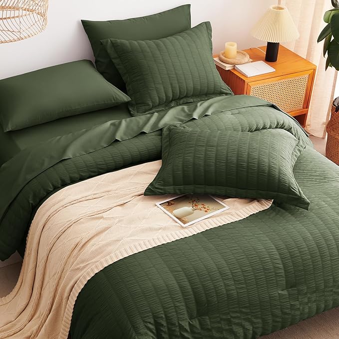 CozyLux Oversized Queen Comforter Set Olive Green Seersucker 7 Pieces Bed in a Bag Queen Comforter Set with Sheets, Luxury Soft Bedding Set with Down Alternative Comforter, Sheets, Pillowcases & Shams