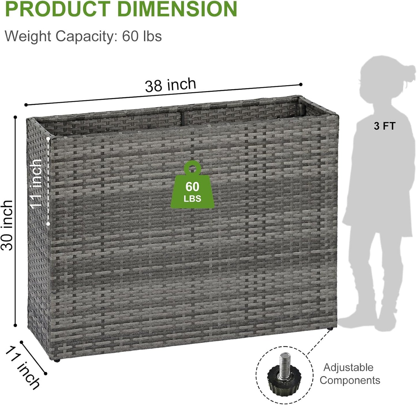 LEWIS&WAYNE Large Rectangular Block Planter Box Handmade Wicker Tall Planters for Outdoor Plants with Removable Liners Modern Planter for Indoor Outdoor Patio Deck - Gray, 38''x11''x30''