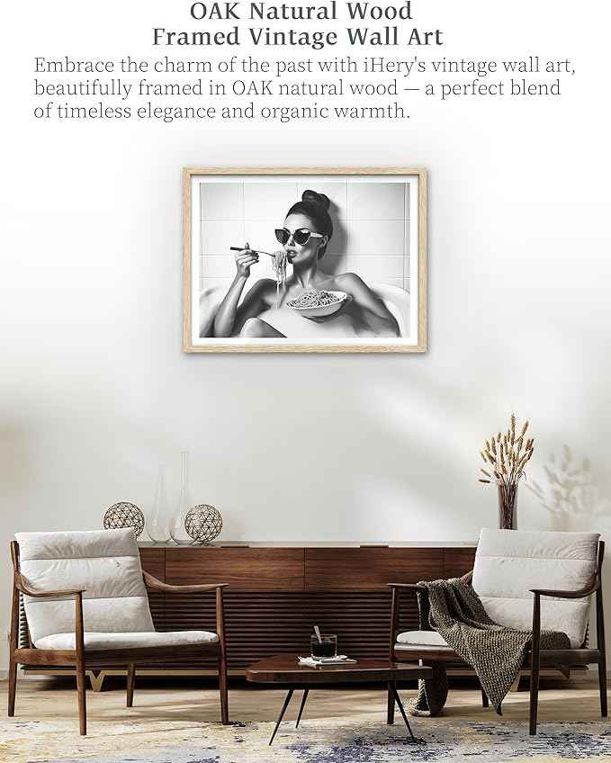 iHery Natural OAK Wood Framed Woman Eating Spaghetti in Bathtub Wall Art, 12x16in Beige Frame Woman Eating Pasta Canvas Print, Black and White Bathroom Poster, Retro Decor Set of 1