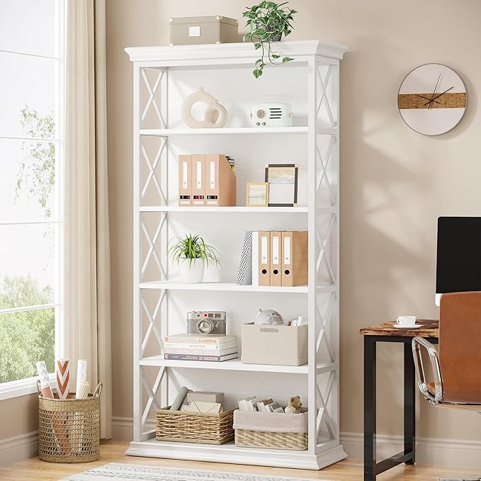 Tribesigns 6-Tier Bookcase, 71 Inches Industrial Bookshelves and Bookcases, Floor Standing 5 Shelf Display Storage Shelves Tall Bookcase for Home Office, Living Room, Bed Room, White