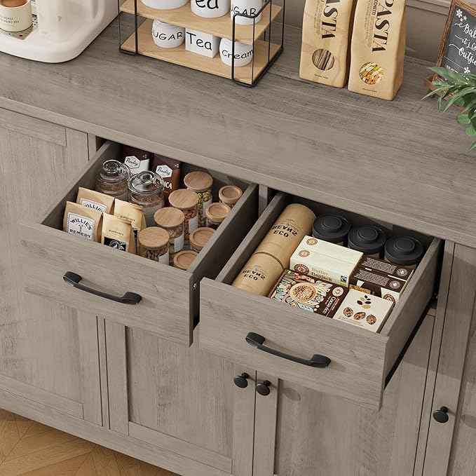 HORSTORS 55" Buffet Cabinet with Storage, Kitchen Buffet Sideboard with Drawers, Large Storage Cabinet with Doors and Shelves, Modern Farmhouse Coffee Bar for Kitchen, Dining Room, Living Room, Grey