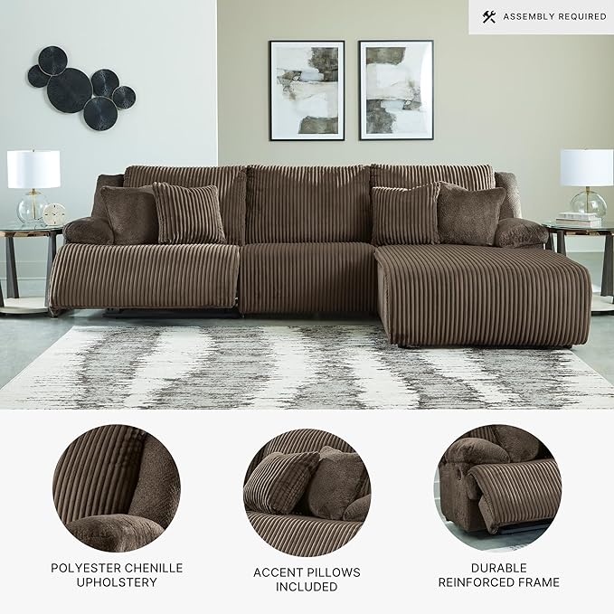 Signature Design by Ashley Top Tier Casual Manual Reclining Right-Arm Facing 3-Piece Sectional Sofa Chaise with 4 Accent Pillows, Dark Brown