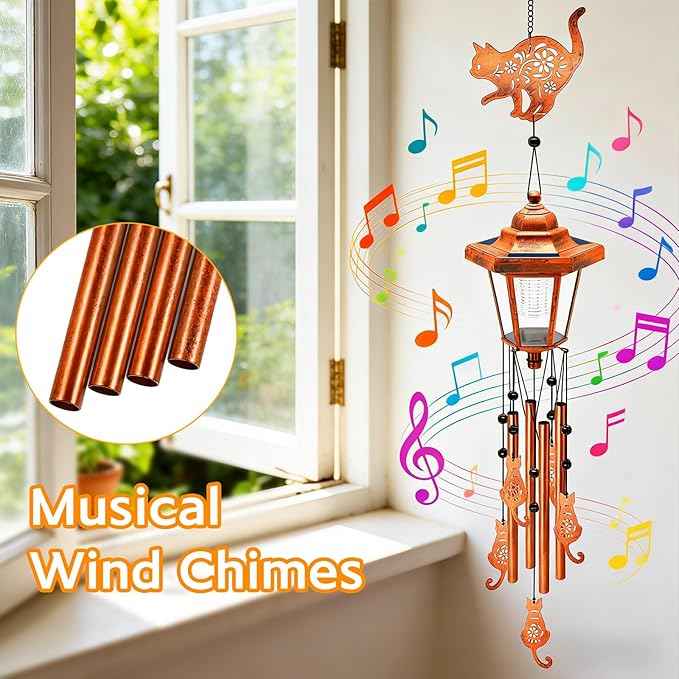 Cat Solar Wind Chimes for Outside, Birthday Gifts for Mom Women Grandma Mother's Day Memorial, 34-Inch Windchimes with Wind Spinner, Outdoor Hanging Solar Lights Waterproof Garden Decor Yard, 2 Pack