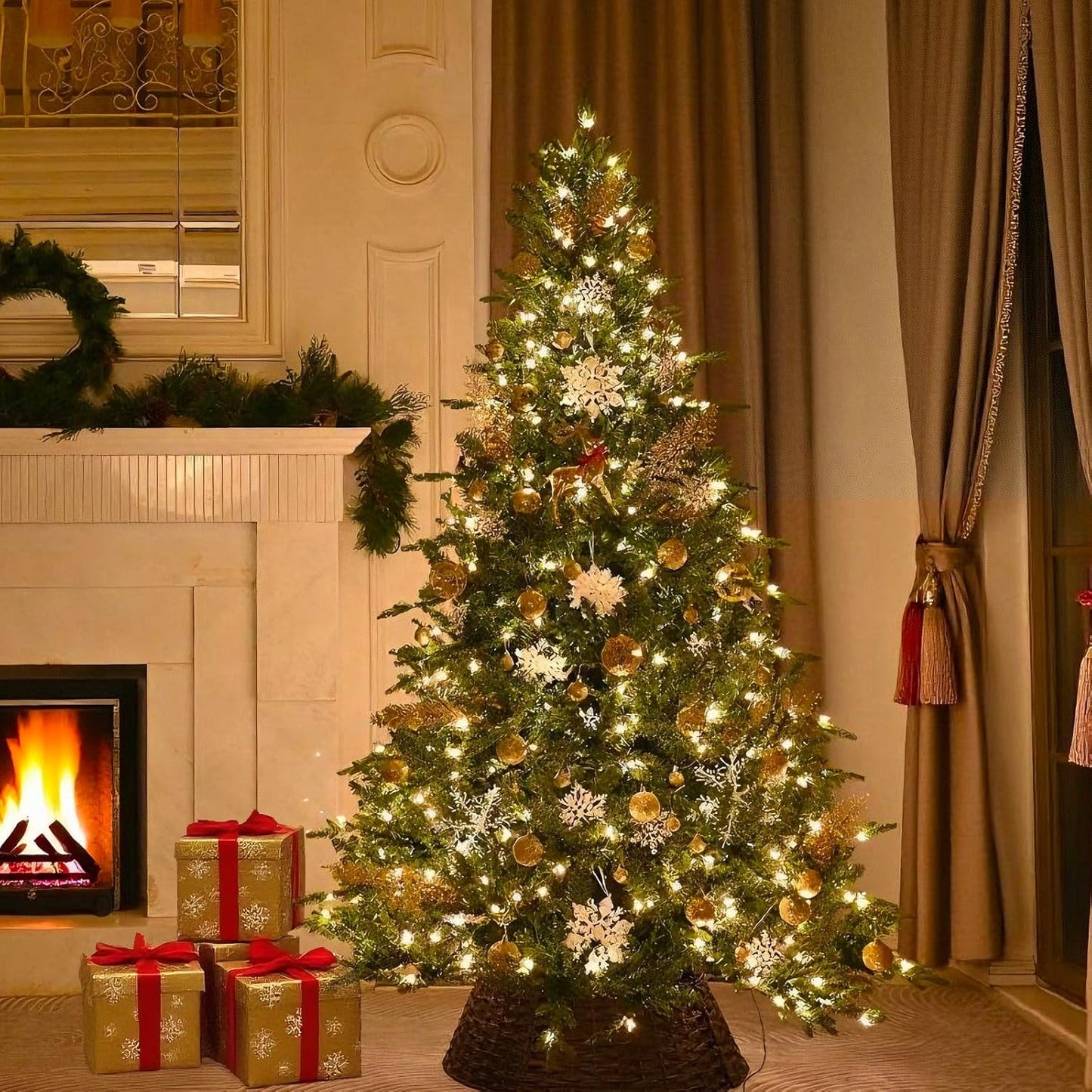 8FT Pre-Lit Artificial Christmas Tree with 2748 PE&PVC Mixed Branch Tips, 600 Warm White Lights, Hinged Premium Spruce Fake Xmas Trees, Green, Foldable Base