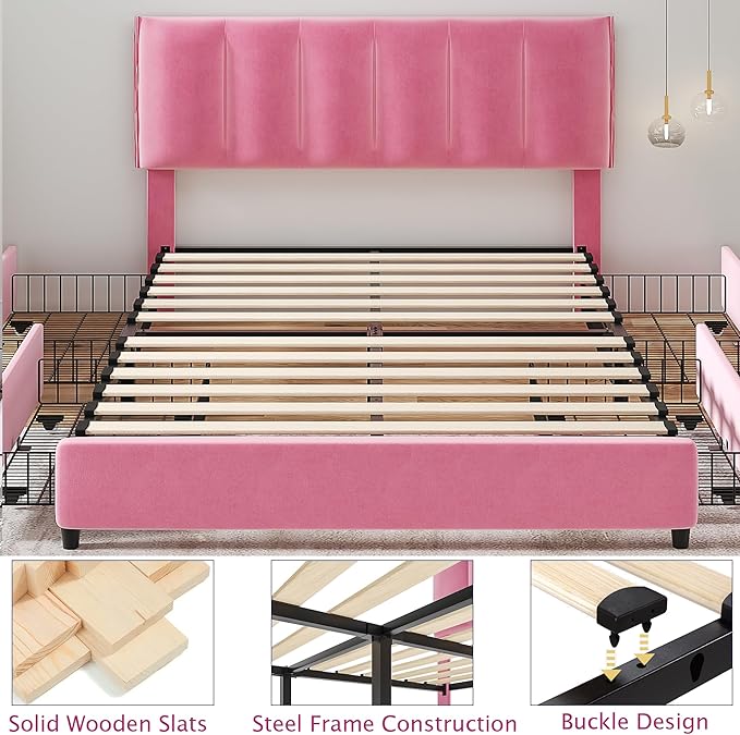 VECELO Queen Size Bed Frame with 4 Storage Drawers, Adjustable Height Headboard, Heavy-Duty Platform Bedframe with Strong Wooden Slats, No Box Spring Needed, Pink