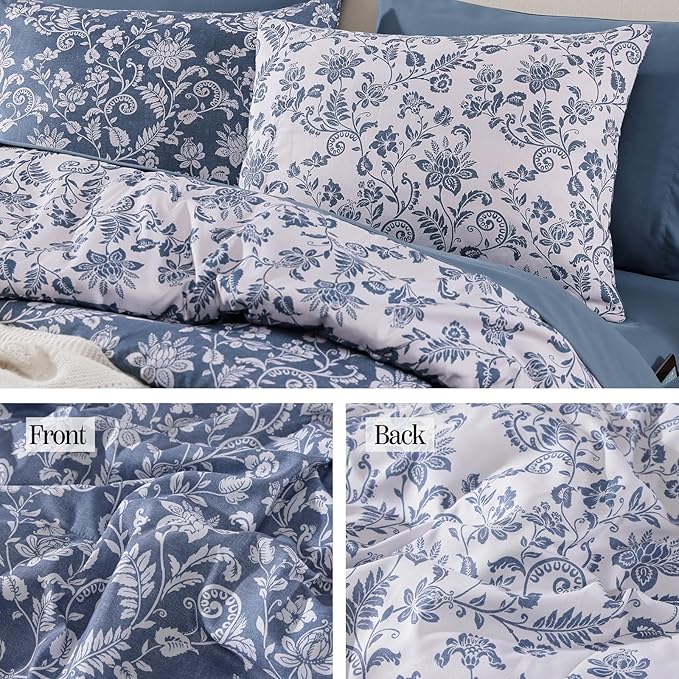 Twin XL Comforter Set -5 Pieces Floral Oxford Blue Bedding Set for All Seasons, Bed in a Bag with Botanical Flowers Comforter, Sheets, Pillowcase & Sham