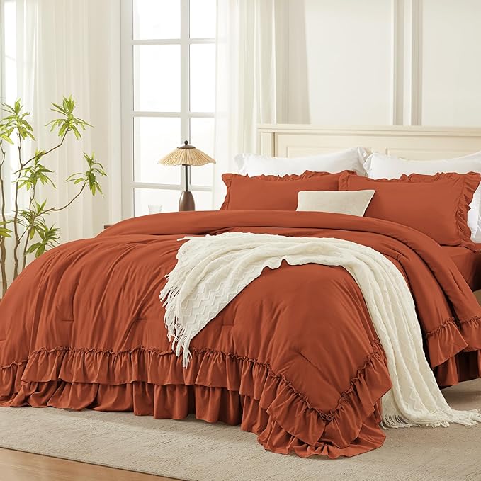 Andency Terracotta Twin Size Comforter Set, 2 Pieces Lightweight Fluffy Ruffle Bedding Set for Dorm, All Season Soft Farmhouse Shabby Chic Bed Set for Kids (66x90In), Burnt Orange