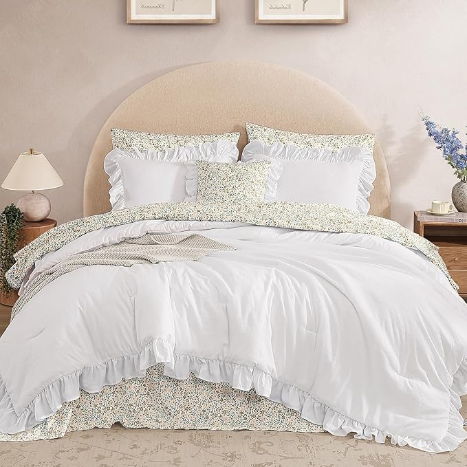 King Comforter Set - 7 Pieces Ruffle White Bedding Sets, Shabby Chic Farmhouse Bed in a Bag King with Ruffle Comforter, Floral Sheets, Pillowcases & Shams