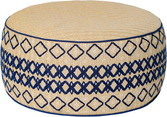 Outdoor Inflatable Ottoman with Air Pump, Embroidery Patio Footrest Stool D21”x H9”, Round Pouf Ottoman with Portable Handle Suitable for Garden, Camping, Bedroom, Living Room