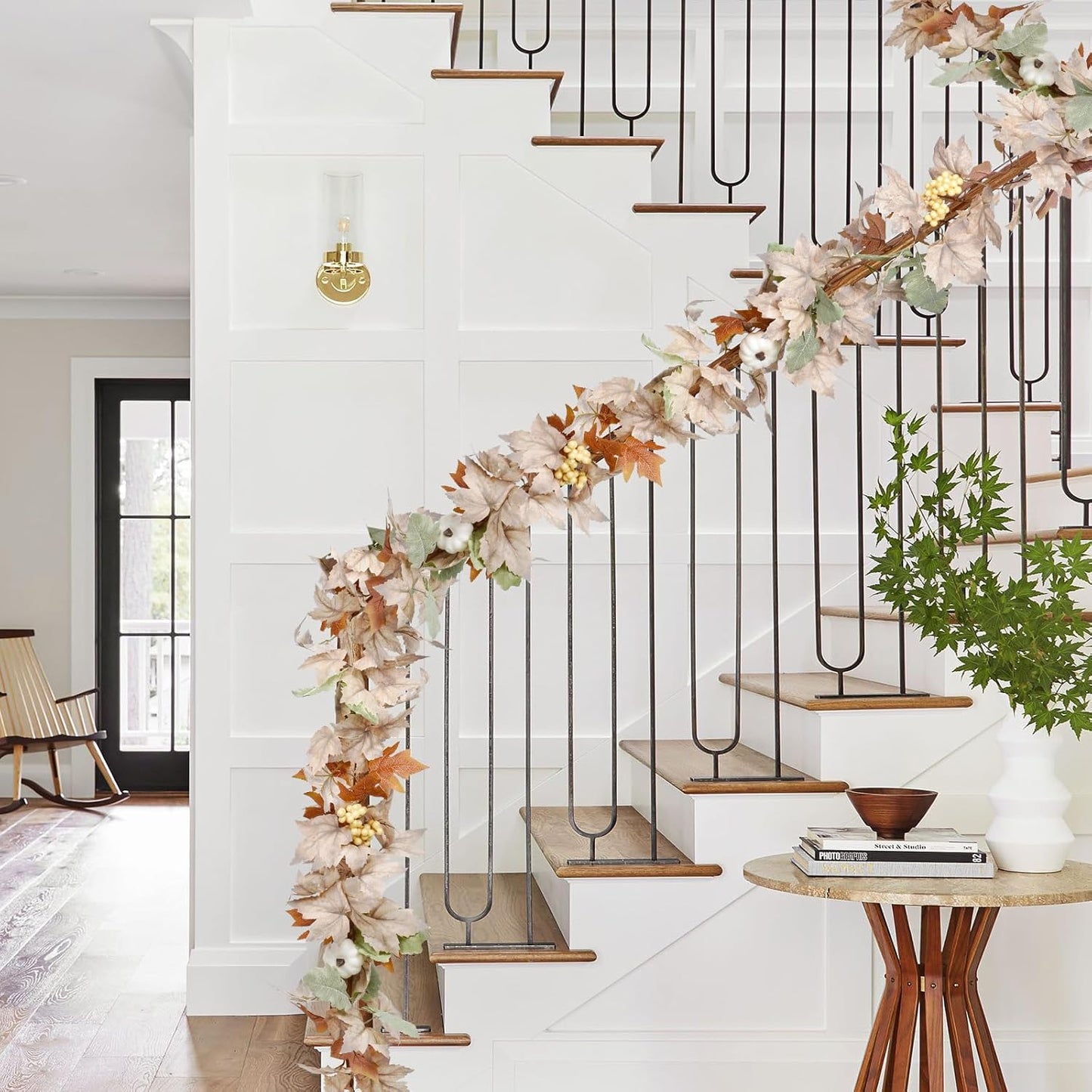 DearHouse 2 Pack Fall Maple Leaf Hanging Vine Garland Artificial Autumn Foliage Thanksgiving Decor for Home Wedding Fireplace Party Christmas (White&Green)