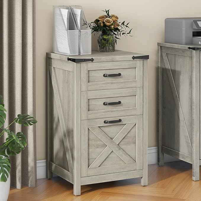 Vabches Vertical File Cabinet with 3 Drawers, Wooden Farmhouse Filing Cabinet for Letter/A4 Size Hanging Files, Under Desk Printer Stand with Storage for Home Office, Grey