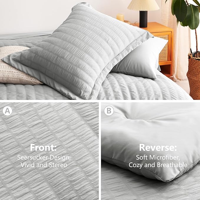 CozyLux Oversized Queen Comforter Set Light Grey Seersucker 7 Pieces Bed in a Bag Queen Comforter Set with Sheets, Luxury Soft Bedding Set with Down Alternative Comforter, Sheets, Pillowcases & Shams