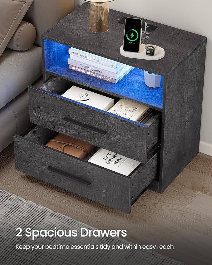 VASAGLE Custos Collection - Set of 2 Nightstands with Charging Station, LED Lights, Modern Night Stands, Side End Tables with Drawers, Open Shelf, 2 AC Outlets USB Ports, Misty Gray ULET639GW01S-2J