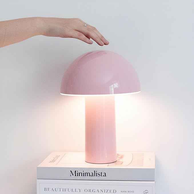 Brightech Celia Mood Lamp – 10" Touch-Controlled Mushroom Table Lamp, Cordless & Dimmable LED, Portable & Rechargeable Bedside Night Light, Sustainable Recycled Modern Patio Lamp for Home Décor – Pink