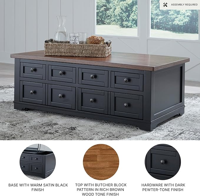 Signature Design by Ashley Wildenauer Lift Top Cocktail Table, Satin Finish Base, 2 Drawers, 2 Storage Bins, Hardwood Solids, 52" W x 28" D x 19" H, Light Brown & Black