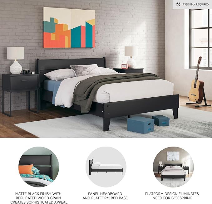 Signature Design by Ashley Socalle Casual Full Panel Platform Bed, Foundation or Box Spring Not Needed, Black