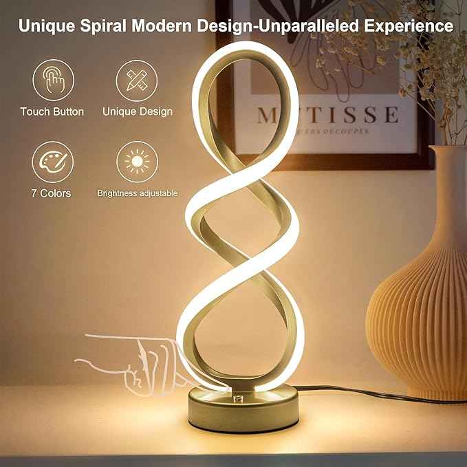 Modern Table Lamp, 7 Colors 10 Light Modes Spiral Design Table Lamp, Touch Dimmable Nightstand Lamp, Unique Bedside Lamp for Living Room, Bedroom, Cool Lamps, Gold, 2 Pack