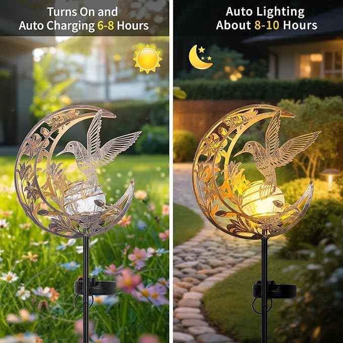 Solar Hummingbird Garden Gifts for mom/Grandma/Women,Lights Outdoor Decor - Moon & Bird SolaGardenLights Waterproof, Auto On/Off Pathway Lighting for Yard/Lawn/Patio,Thanksgiving Day