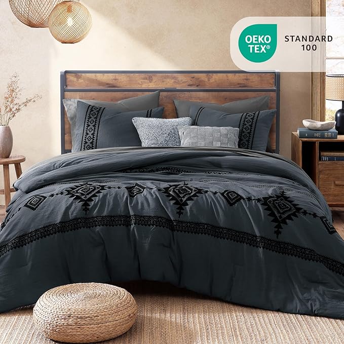 MaiRêve California King Comforter Set Blue Grey, Embroidery Western Bedding Set Boho 7 Pieces, Farmhouse All-Season Bed in A Bag with Sheets, Pillowcases & Shams