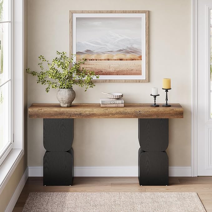 63-Inch Console Table, Heavy-Duty Look, Behind Couch Sofa Table, Color Blocking Design, Bold Structural Presence, Modern Entryway Furniture for Living Room, Hallway, Foyer, Brown + Black
