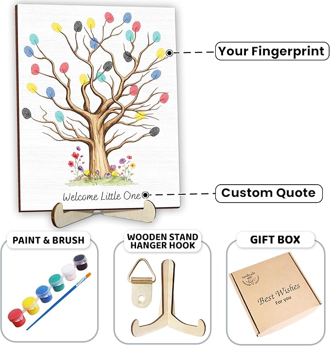 Personalized Fingerprint Art Tree Sign, Baby Shower Guest Books with Paint, Family Craft Keepsake Gift Ideas for Expecting Parents, Gender Reveal Party Decorations, Thumbprint Hanging Painting