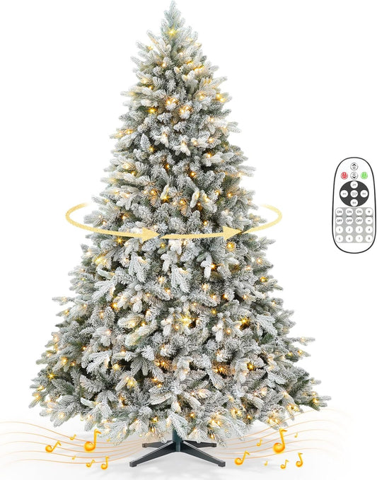 7.5ft 360° Rotating Pre-Lit Snow Flocked Christmas Tree, Built-in Music, Remote Control, 8 Light-Modes, White Christmas Tree for Home Decor