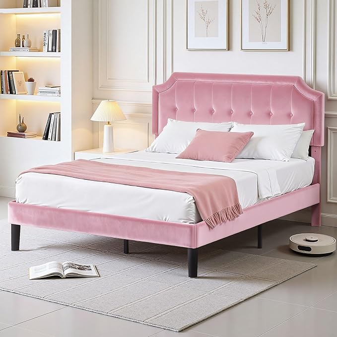 VECELO Queen Size Bed Frame with Velvet Upholstered Headboard, Platform Bedframe Mattress Foundation, Sturdy Wooden Slats Support,No Box Spring Needed Noise Free/Easy Assembly,Pink