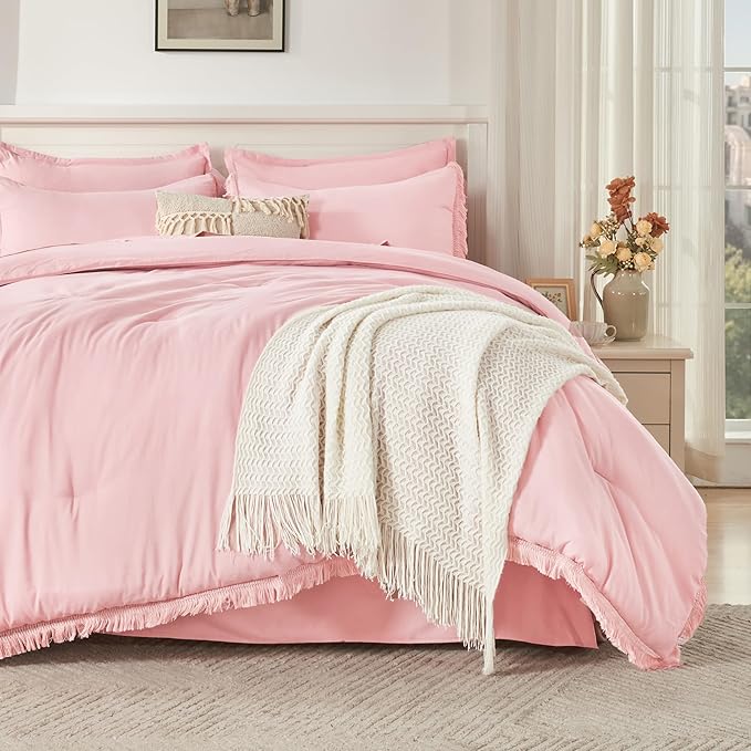 Andency Full Size Comforter Set Light Pink -7 Pieces Boho Tassel Bed in a Bag Soft Lightweight Bedding Sets, Fringe All Season Bed Set with Comforter, Sheets, Pillowcases & Shams