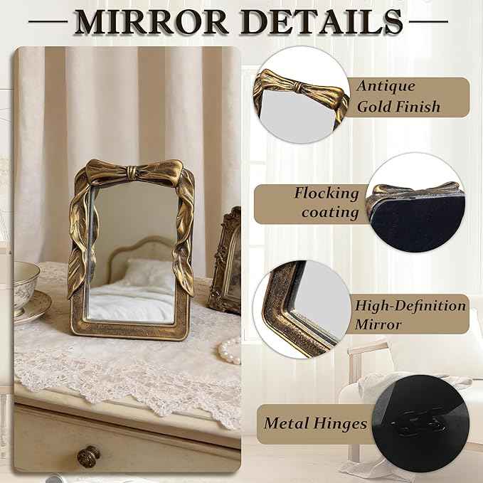 Vintage Rectangular Vanity Desk Mirror - 8x6Inch Wall-Mounted & Tabletop Decorative Ornate Gold Accent Retro Makeup Mirror for Bedroom Dresser Living Room Bathroom Dorm Champagne Gold